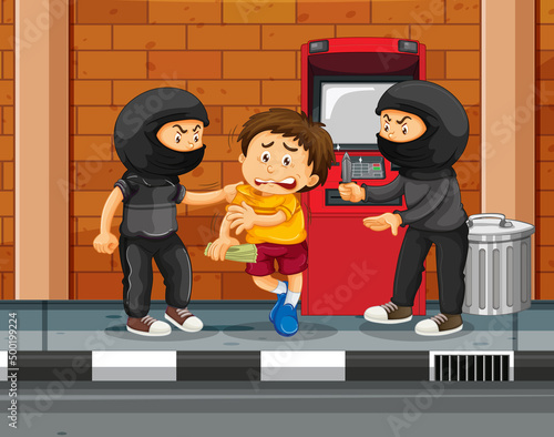 ATM scene with a boy threatened from two robbers