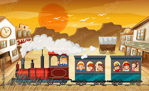 Train riding with children at sunset