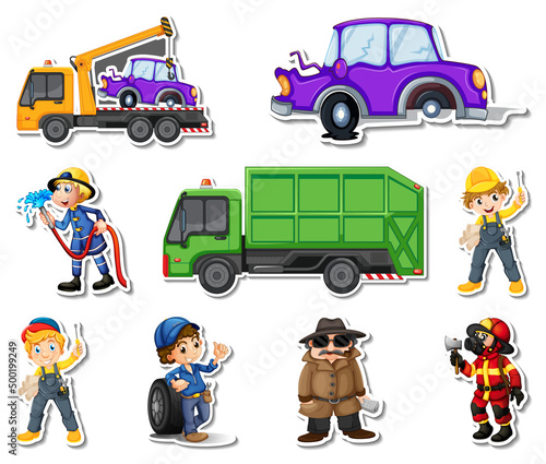 Sticker set of professions characters and objects