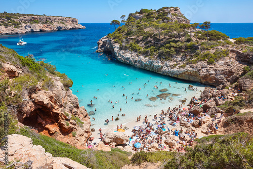 Turquoise waters in Mallorca. Moro beach. Mediterranean coastline. Balearic islands