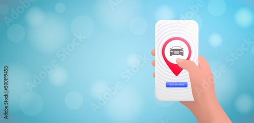 Taxi or Carsharing service e-commerce business app concept. Rent a car using a mobile application. Horizontal 3d vector illustration banner with copy space for text