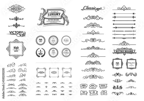 Vintage set decor elements for wedding cards, decorating valentines, vector framing title of different printed products. Vintage patterns, frames and weaves on a white background. Round business icons