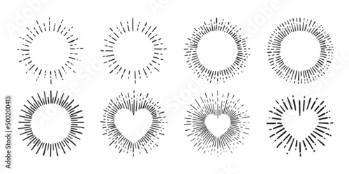 Sunburst, explosion effects, vintage doodle isolated on white background