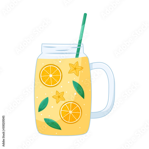 Lemon, orange citrus drink in a transparent glass jug with a straw and slices of exotic fruit. Summer and healthy beverage in cartoon style on a white background. Vector illustration