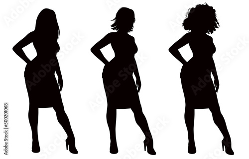 Silhouette of young beautiful standing woman in three different hairstyles and high heel shoes. Set of three silhouettes of sexy woman.
