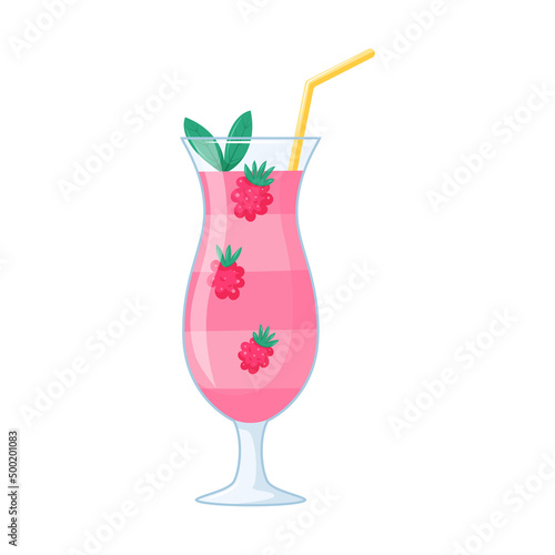Summer beach puff cocktail. A refreshing drink with raspberries in a transparent cocktail glass with a straw and leaves. Healthy beverage in cartoon style on a white background. Vector illustration