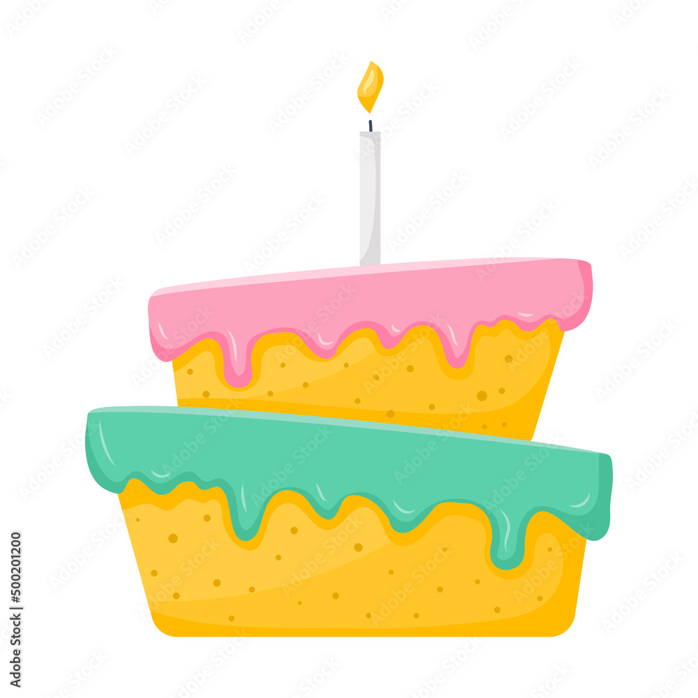 A festive birthday cake with dripping icing and a burning candle. Dessert, sweet food, pastries, a symbol of the holiday. Vector illustration in a flat cartoon style isolated on a white background. A festive birthday cake with dripping icing and a burning candle. Dessert, sweet food, pastries, a symbol of the holiday. Vector illustration in a flat cartoon style isolated on a white background.