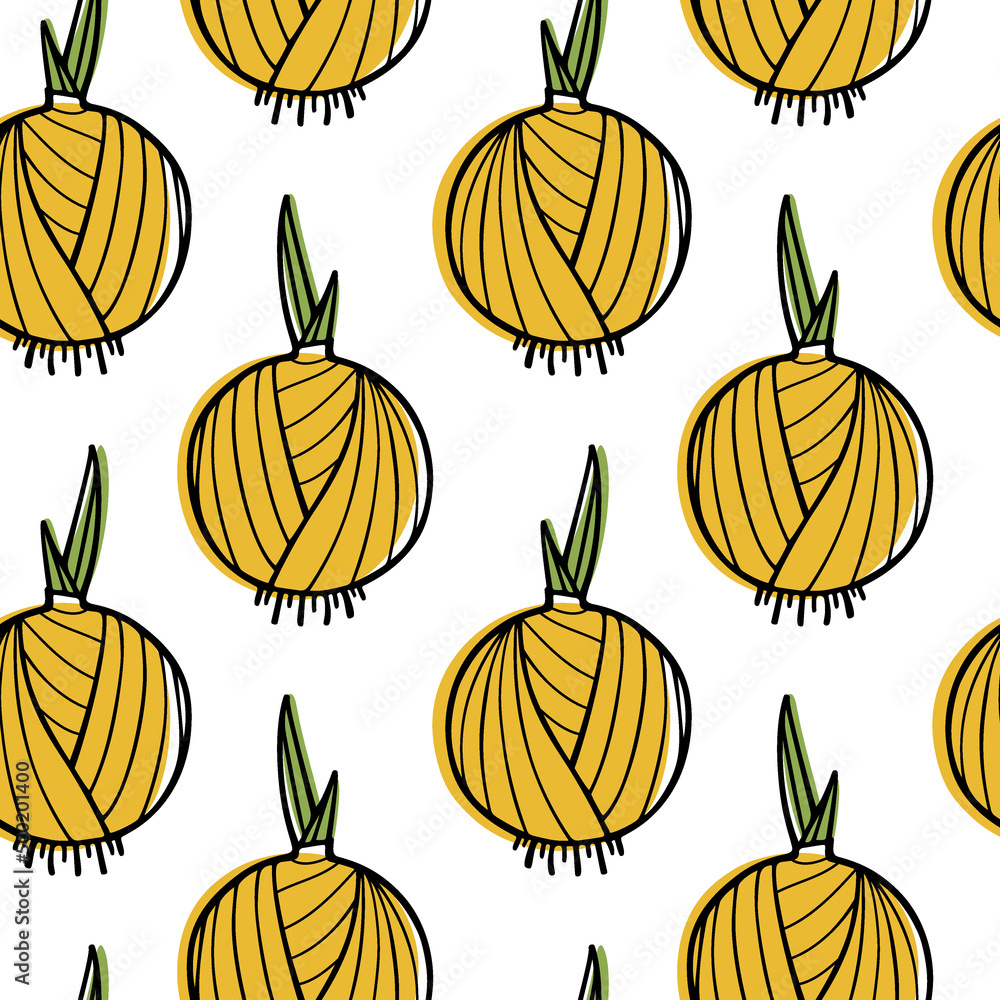 Vector seamless pattern with hand drawn yellow onion bulbs. Ink drawing, graphic style. Perfect for healthy food or farm markets prints and patterns Vector seamless pattern with hand drawn yellow onion bulbs. Ink drawing, graphic style. Perfect for healthy food or farm markets prints and patterns