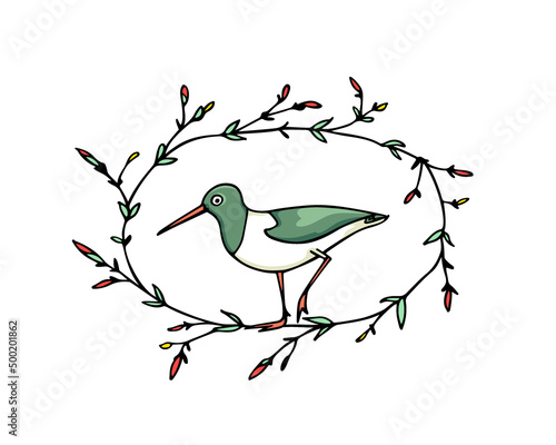 Vector illustration of hand drawn cute shorebird in blooming floral wreath. Beautiful animal design elements, ink drawing, logo template