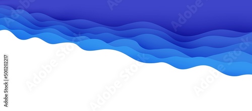 Abstract background with water waves in paper cut style. 3d wallpaper with cut out deep wavy modern cover. Blue color layers with smooth shadow papercut art. Vector illustration, origami shapes