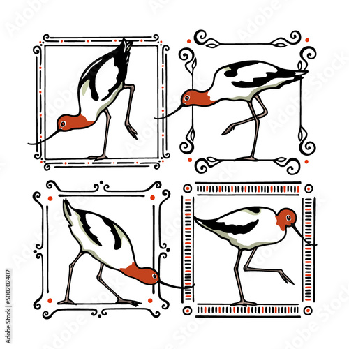 Vector card with hand drawn cute Pied Avocets in vintage graceful frames. Beautiful animal design elements, ink drawing, logo template