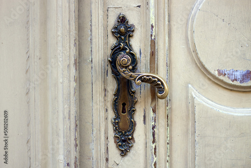 Old door handle. Wooden entrance door with antique door handles. Selective focus