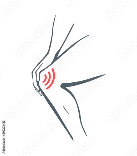 Body part pain. Man feels pain in leg or knee marked with red lines. Vector foci of pain or trauma symbols, grey art line illustration