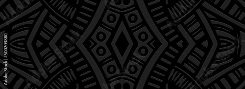 Banner, cover design. Dynamic geometric ethnic large 3d pattern on a black background, embossed decorative texture. Vector graphics for business background, magazine layout, brochure, booklet, flyer.