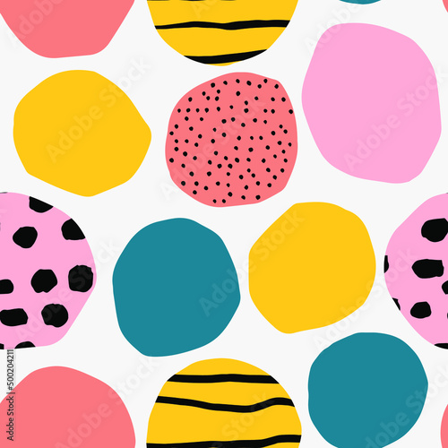 Vector seamless pattern with circles and ink texture. Bright and Bold background. Modern geometrical texture