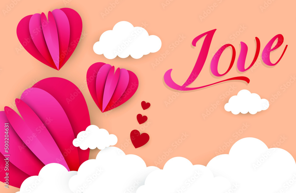 happy valentines day typography vector design with pink red heart shaped paper cut white clouds, vector illustration illustration of love