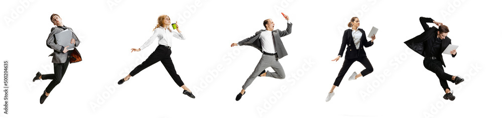 Set of emotional office workers jumping and dancing isolated on white background. Business, motion, immigration concept. Creative collage.