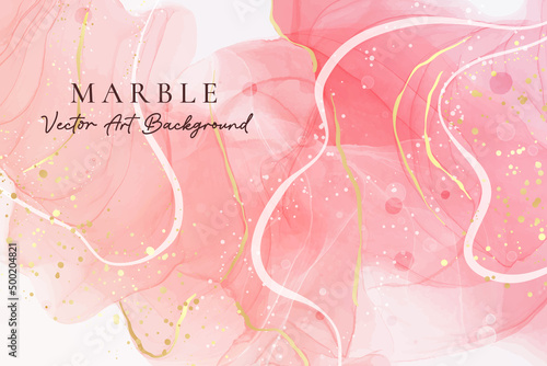 Rose pink liquid watercolor background with golden dots. Royal blush marble alcohol ink drawing effect. Vector illustration design template for wedding invitation, menu, rsvp