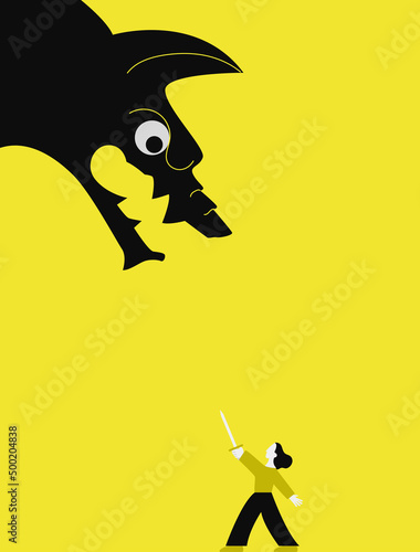 Psychological problem poster design. Fear of your inner monsters. The concept of battle and reconciliation with the inner self. Contour of a man with a sword fighting a big wolf