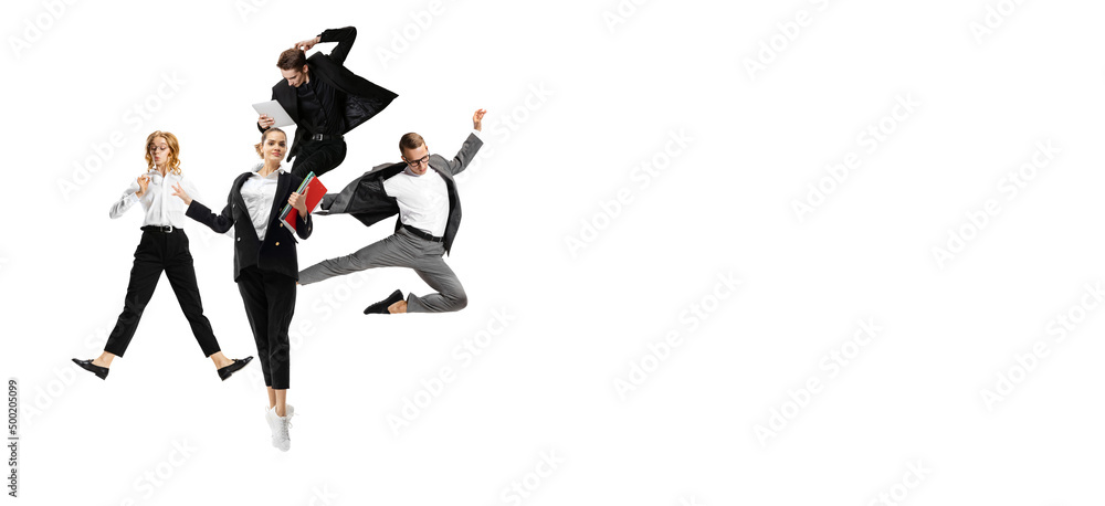 Flyer with excited men and women wearing business outfits jumping, running isolated on white background. Ballet dancers. Business, start-up, motion concept. Flyer with excited men and women wearing business outfits jumping, running isolated on white background. Ballet dancers. Business, start-up, motion concept.