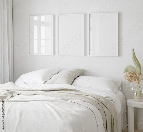 Mock-up poster frame in bedroom, Scandinavian style, 3d render