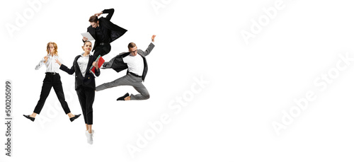 Flyer with excited men and women wearing business outfits jumping, running isolated on white background. Ballet dancers. Business, start-up, motion concept.