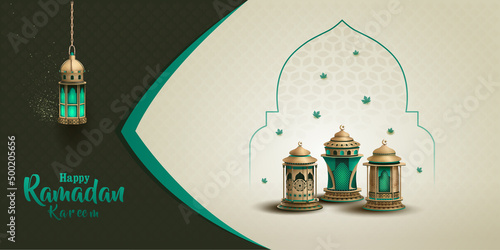 Islamic greetings ramadan kareem card design with beautiful lanterns