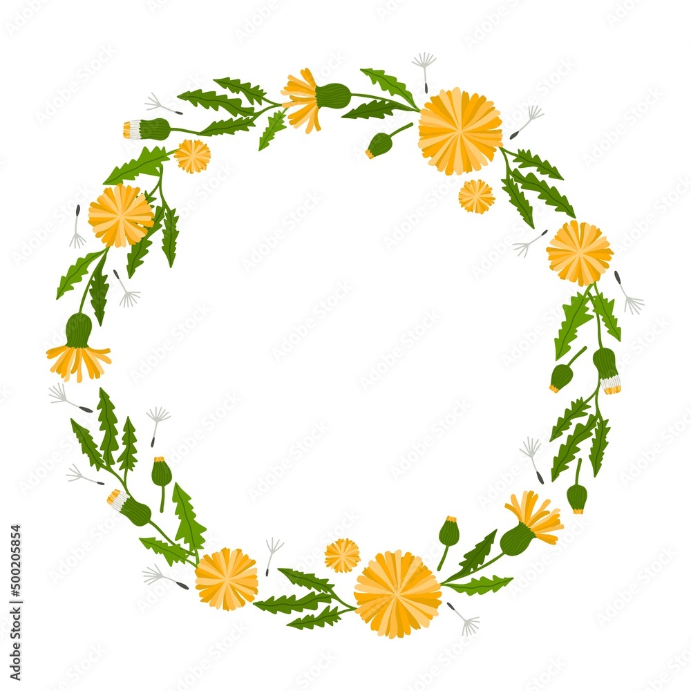 Decorative circular frame with with flowers, inflorescence and leaves of dandelions. Perfect as a photo frame, for scrapbooking, postcards, posters, invitation cards.