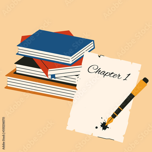 Stack of books and a sheet with the inscription Chapter 1. Writing book concept. Flat vector illustration.