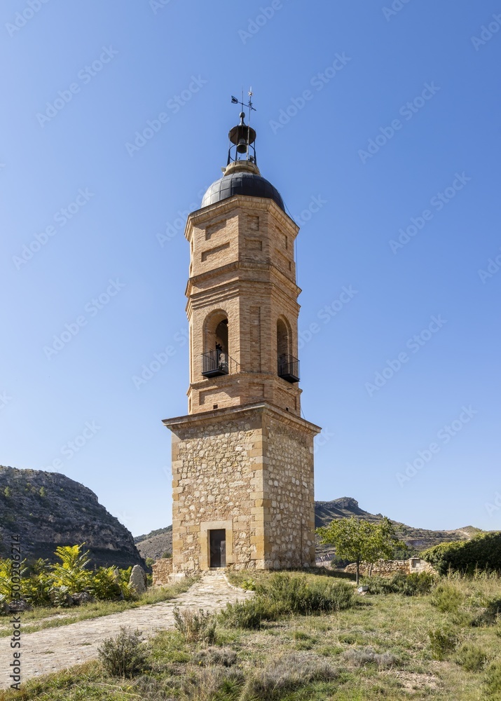 bell tower attached to the church of our lady of the snows in Molinos, mastership, teruel, aragon, spain, dates from the 19th century