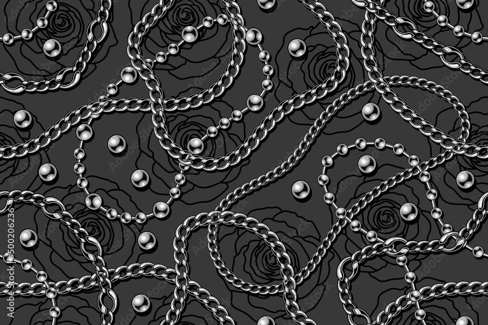 Seamless gray pattern with silver beads, strings of metal beads, stainless chains, linear black roses on dark background. Vector illustration Seamless gray pattern with silver beads, strings of metal beads, stainless chains, linear black roses on dark background. Vector illustration