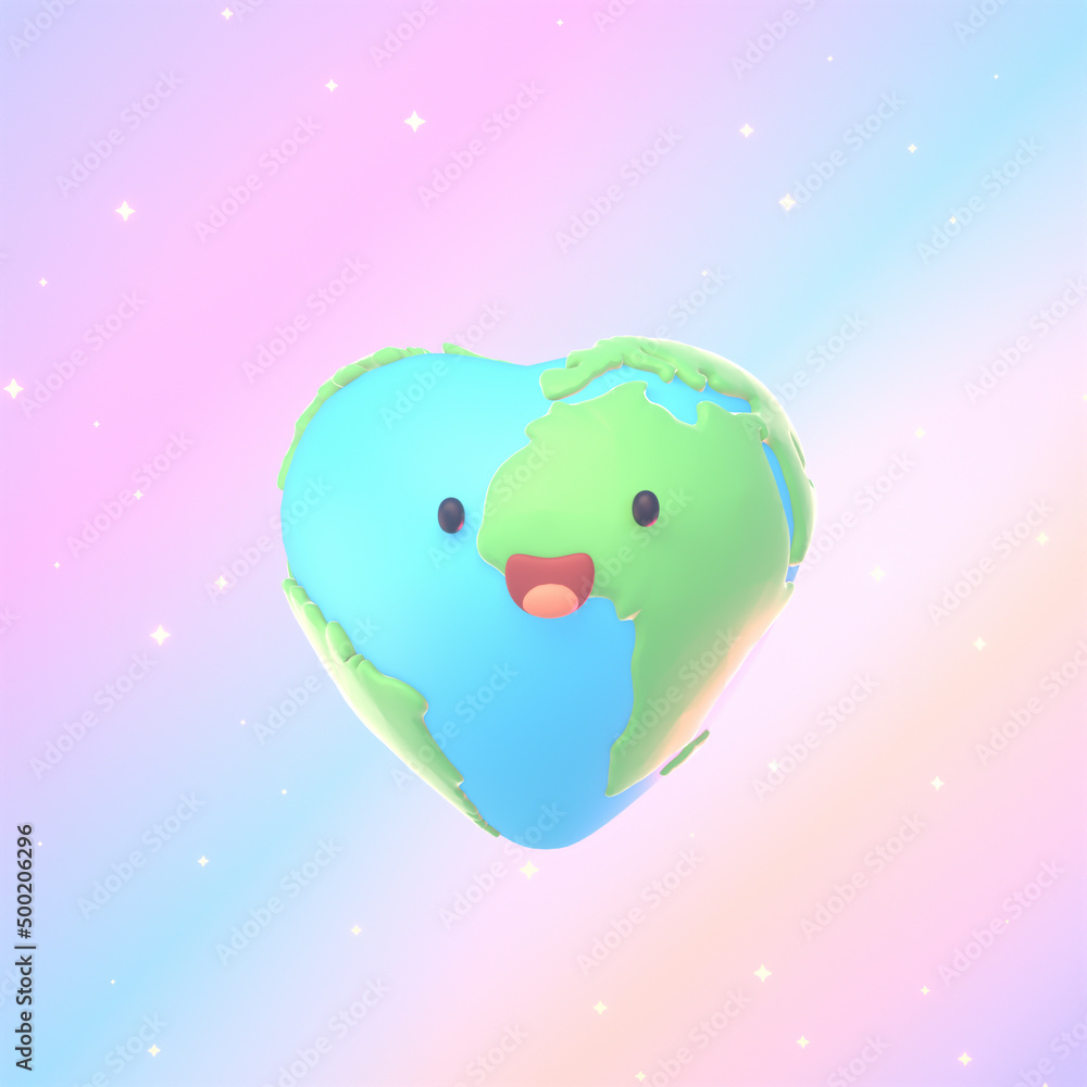 3d rendered cartoon heart shaped Earth in the rainbow sky.