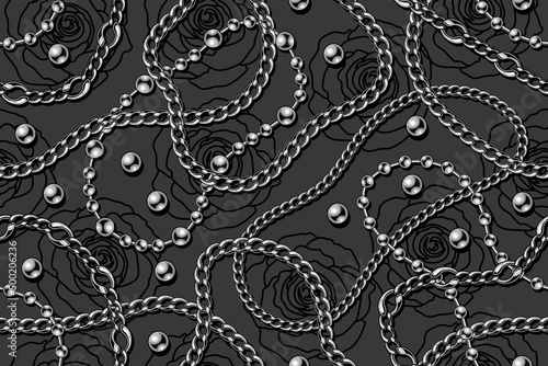 Seamless gray pattern with silver beads, strings of metal beads, stainless chains, linear black roses on dark background. Vector illustration