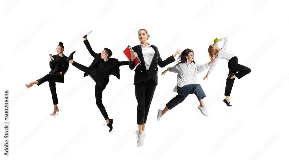 Set of emotional office workers jumping and dancing isolated on white background. Business, motion, immigration concept. Creative collage. Set of emotional office workers jumping and dancing isolated on white background. Business, motion, immigration concept. Creative collage.