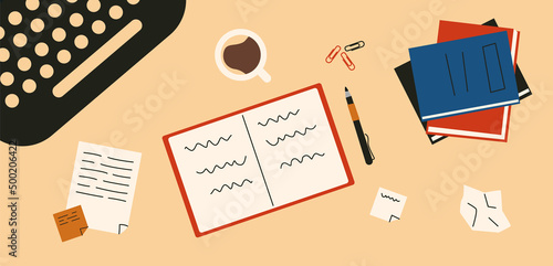 Top view of the writer's workplace. Content creation concept. Flat vector typewriter and notebook. Illustration about writing.
