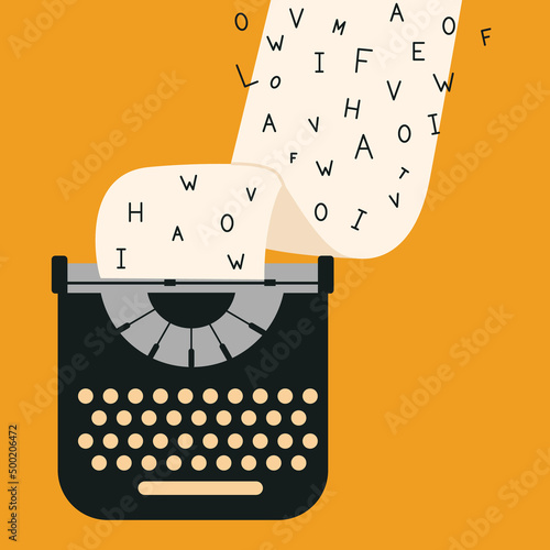 Concept of writing a book. Typewriter with sheet of paper and letters. Flat vector illustration about creative process of the writer.