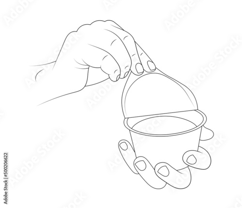 Opening a package of yogurt sketch illustration.