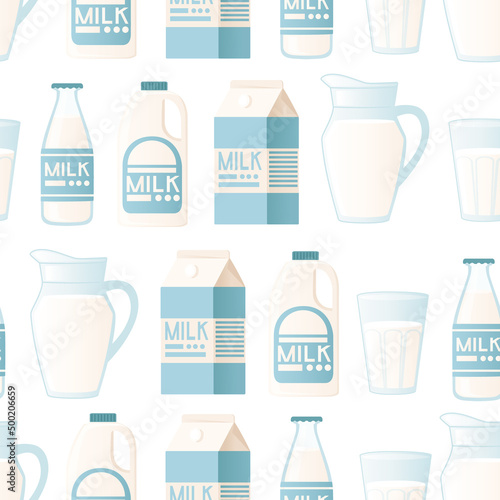 Seamless pattern cartoon package for milk with label white cardboard flat vector illustration on white background