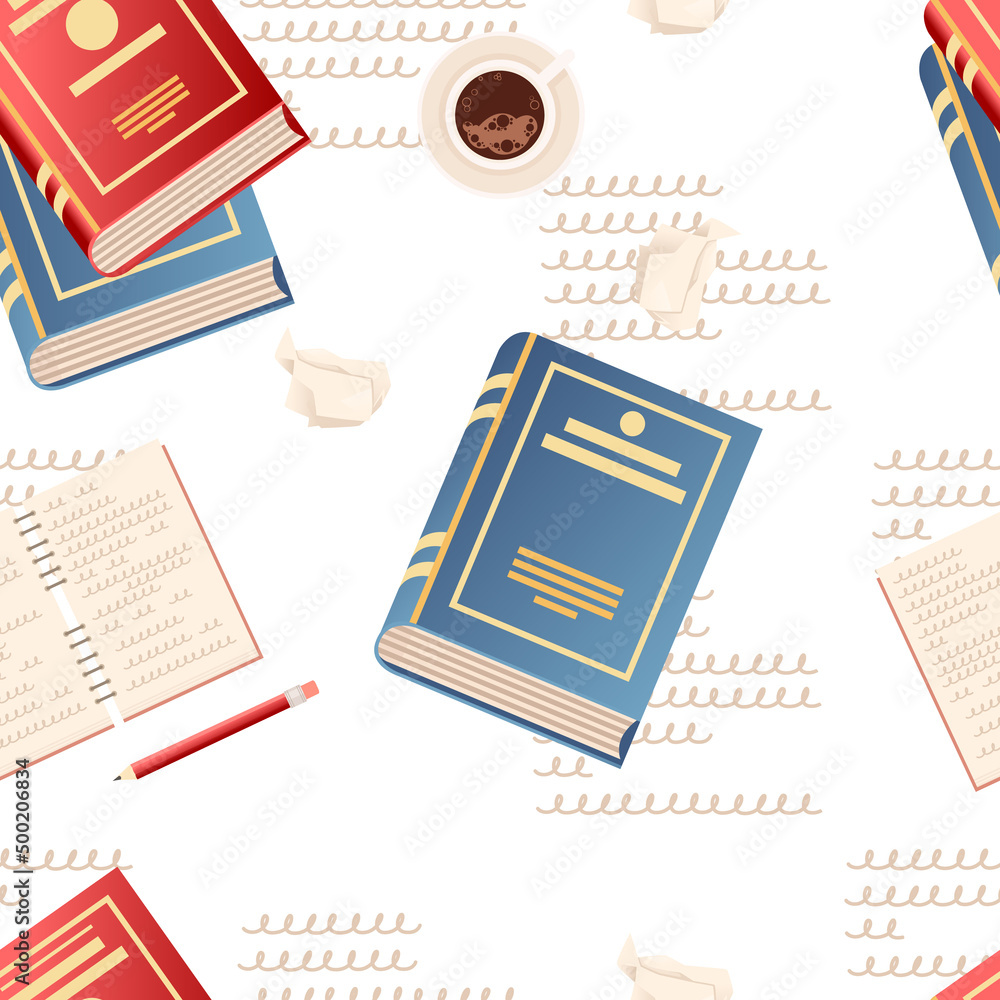 Seamless pattern Writer's workplace with books papers and feather top view vector illustration on white background Seamless pattern Writer's workplace with books papers and feather top view vector illustration on white background