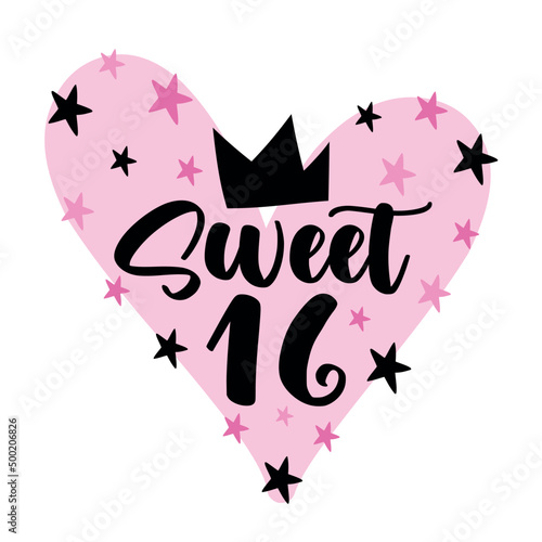 Sweet 16 - decorative greeting with heart, stars, and crown for Birthday.