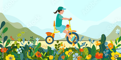 Fototapeta Naklejka Na Ścianę i Meble -  Flat happy girl kid on bicycle on a park road with flowers and leaves. Child riding colorful bike outdoor sport in natural summer landscape by pathway track through green. Vector illustration.