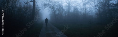 Silhouette of woman walking alone in the park on a misty winter night