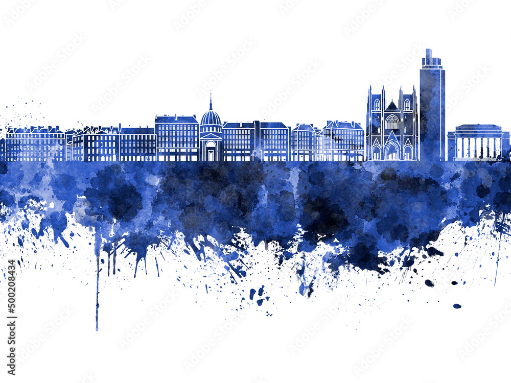 Nantes skyline in blue watercolor on white background