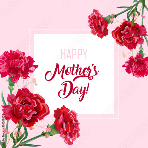 Square Mother's Day, Victory Day card with carnation: red, white, pink flowers, twigs, bright, rectangular background. Templates for design, vintage botanical illustration in watercolor style, vector