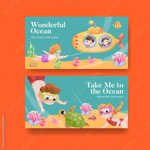 Twitter template with explore ocean world concept,watercolor style