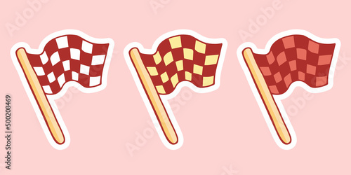 Cute hand-drawn set of checkered racing flag in doodle cartoon style. Round composition in neutral candy colors. Kawaii element for card, social media banner, sticker, kids playroom decor. Vector