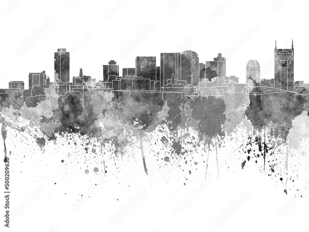 Nashville skyline in black watercolor on white background