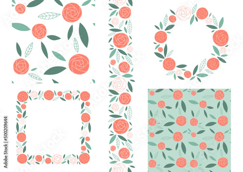 Set of various graphic elements with Floral (Ranunculus). The set consists of a seamless pattern, border and frames.