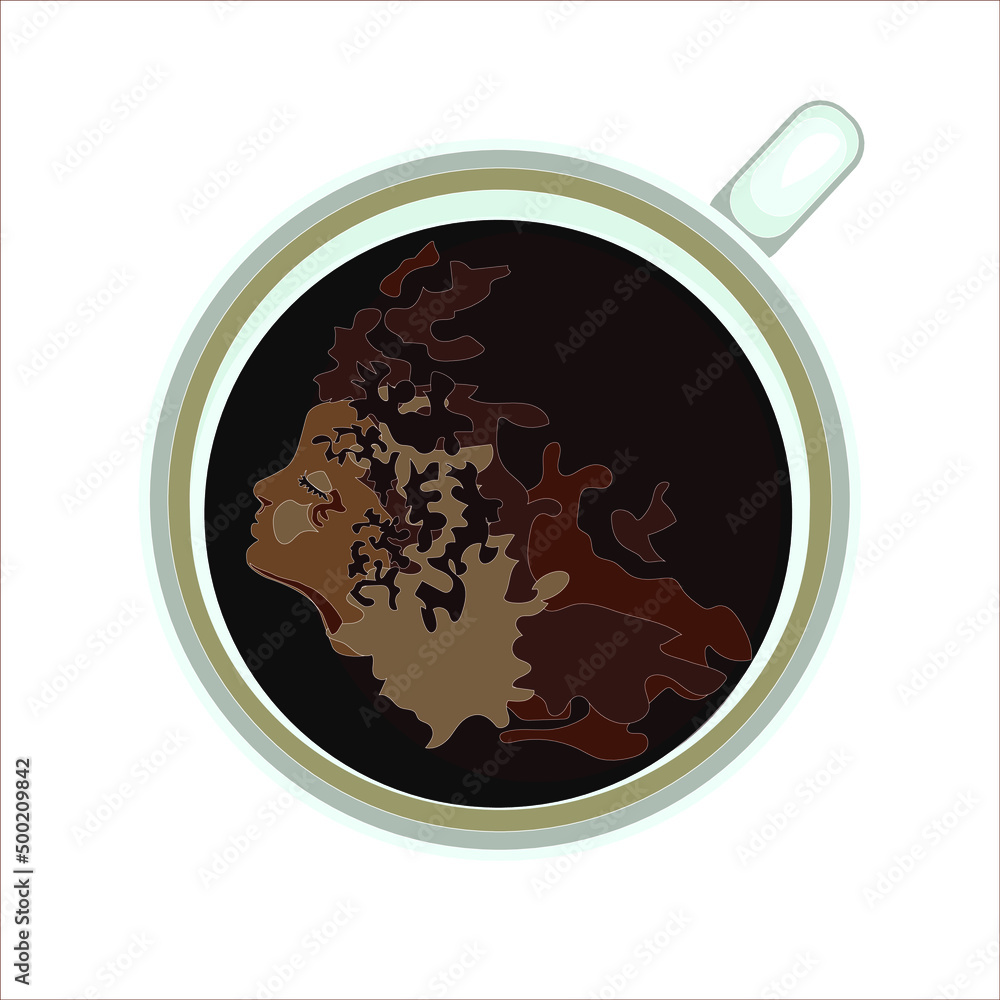 Vector image: top view of a cup of coffee poured with the profile of a girl's face in the foam. Vector image: top view of a cup of coffee poured with the profile of a girl's face in the foam.