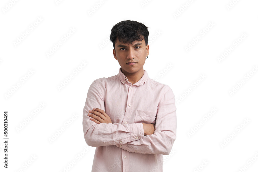 Young peruvian man wearing a pink shirt stand with arms crossed, isolated. Young peruvian man wearing a pink shirt stand with arms crossed, isolated.